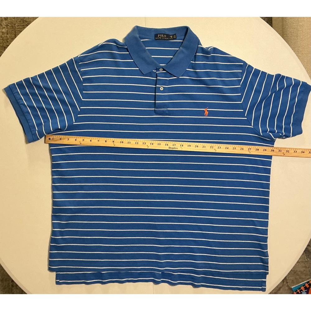 Polo Ralph Lauren Men 4XB Blue White Striped Short Sleeve Polo Shirt Orange Pony - Picture 3 of 5